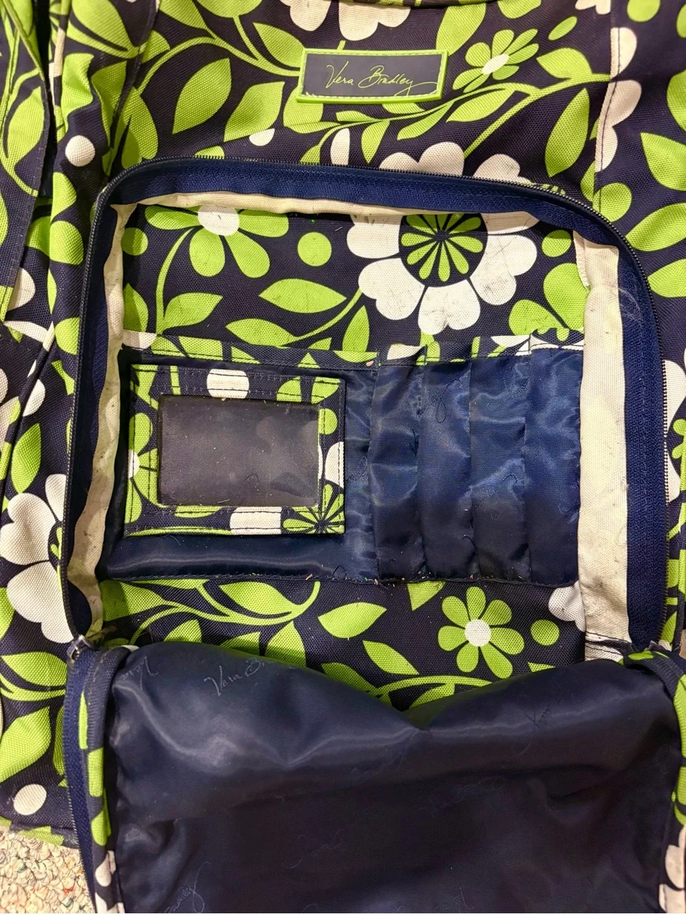 Vera Bradley Navy Floral Backpack with Green and White Pattern